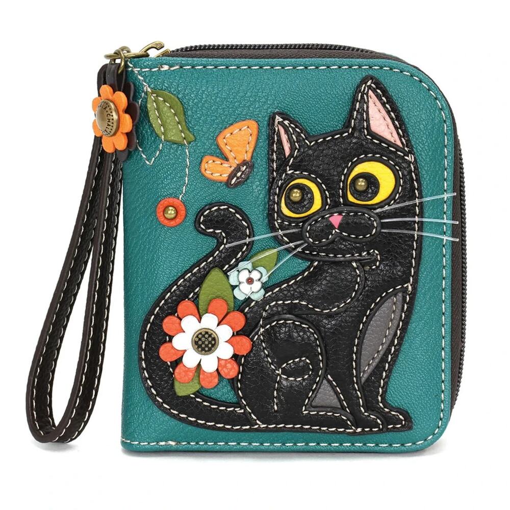 Chala Faux Leather Zip Credit Card Wallet Wristlet - Black Cat, Turquoise NWT